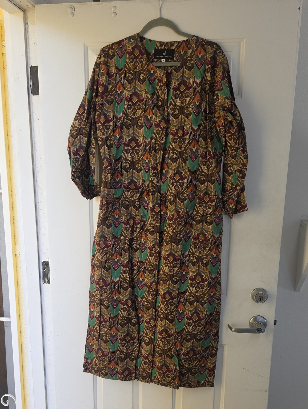 Peruvian Connection Pima Cotton Caftan Button Down Maxi Dress Medium